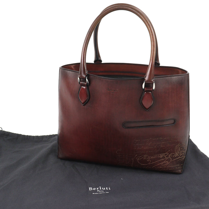Discounted Very Good Berluti Tote Bag Trouge Script calligraphy Brown leather