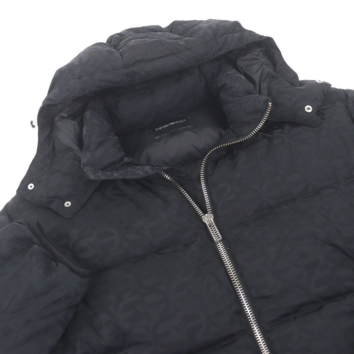 Great EMPORIO ARMANI Down jacket Black tag, all-over logo print, hooded jacket