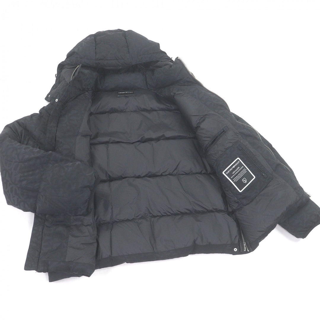 Great EMPORIO ARMANI Down jacket Black tag, all-over logo print, hooded jacket