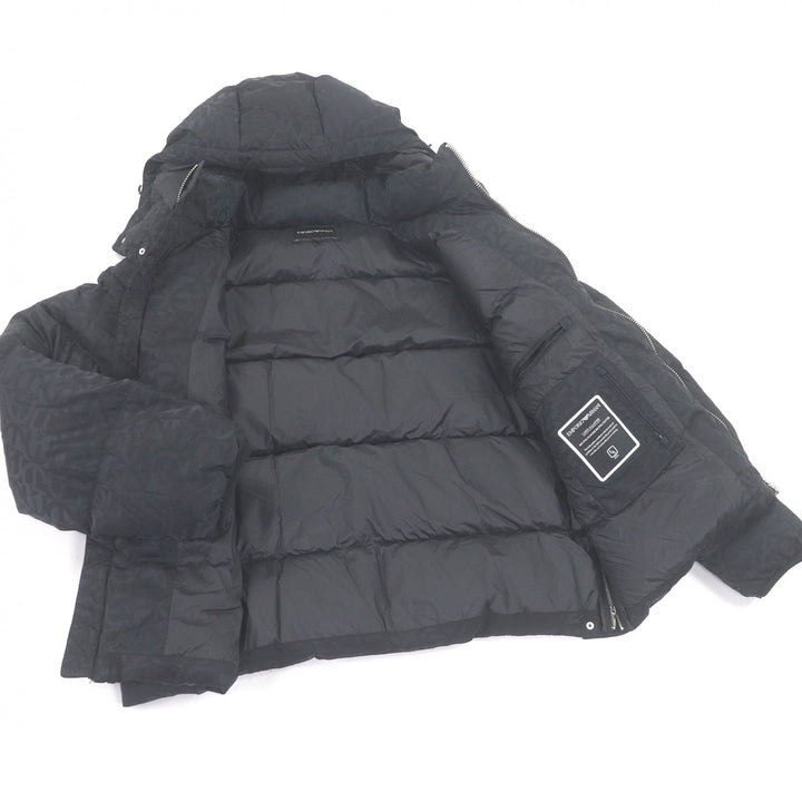 Great EMPORIO ARMANI Down jacket Black tag, all-over logo print, hooded jacket