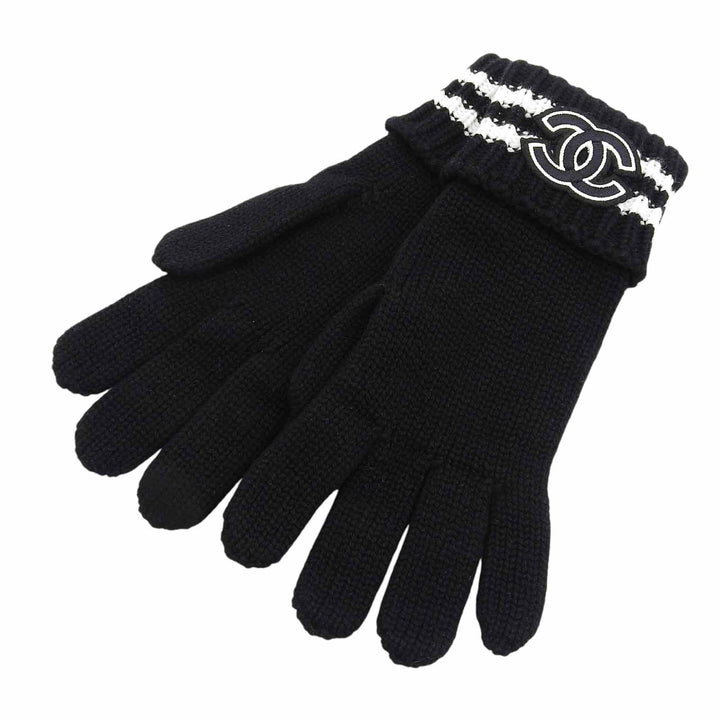 Excellent CHANEL gloves COCO Mark embroidered knit gloves black cashmere Women