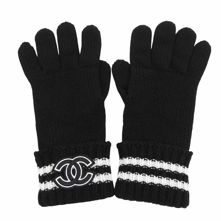 Excellent CHANEL gloves COCO Mark embroidered knit gloves black cashmere Women