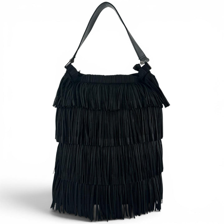 Excellent PLEATS PLEASE Tote Bag Leather accents and fringe black polyester