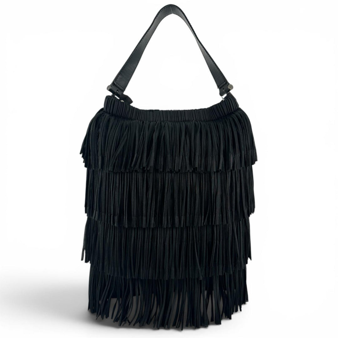 Excellent PLEATS PLEASE Tote Bag Leather accents and fringe black polyester