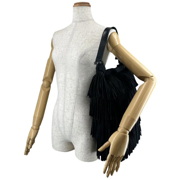 Excellent PLEATS PLEASE Tote Bag Leather accents and fringe black polyester