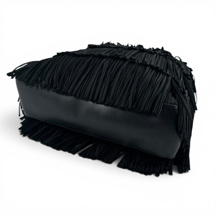 Excellent PLEATS PLEASE Tote Bag Leather accents and fringe black polyester