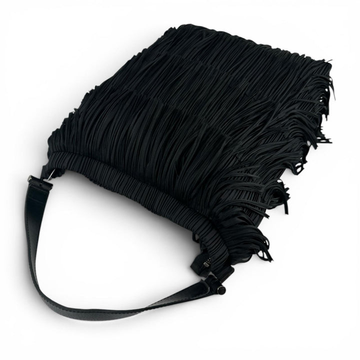 Excellent PLEATS PLEASE Tote Bag Leather accents and fringe black polyester