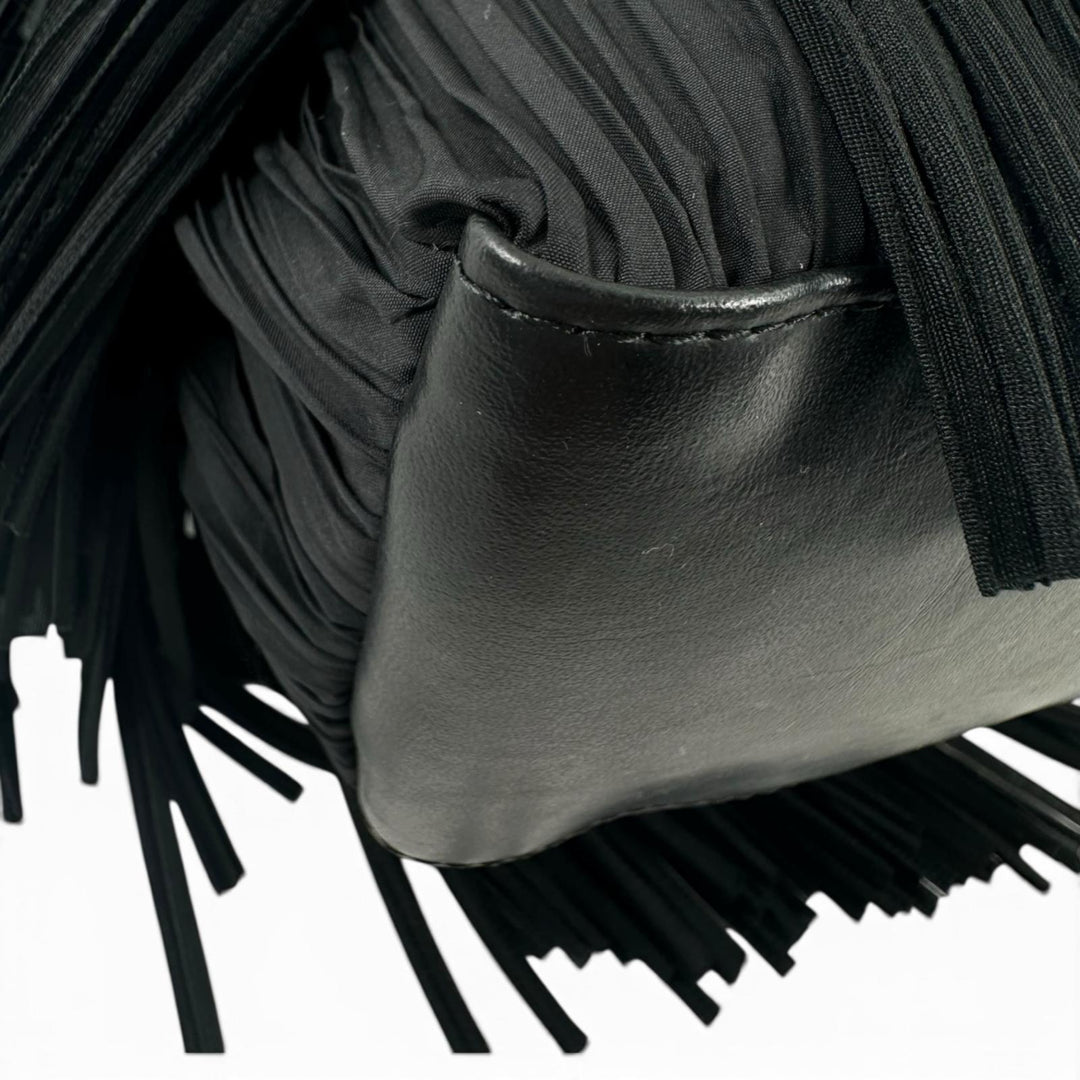 Excellent PLEATS PLEASE Tote Bag Leather accents and fringe black polyester
