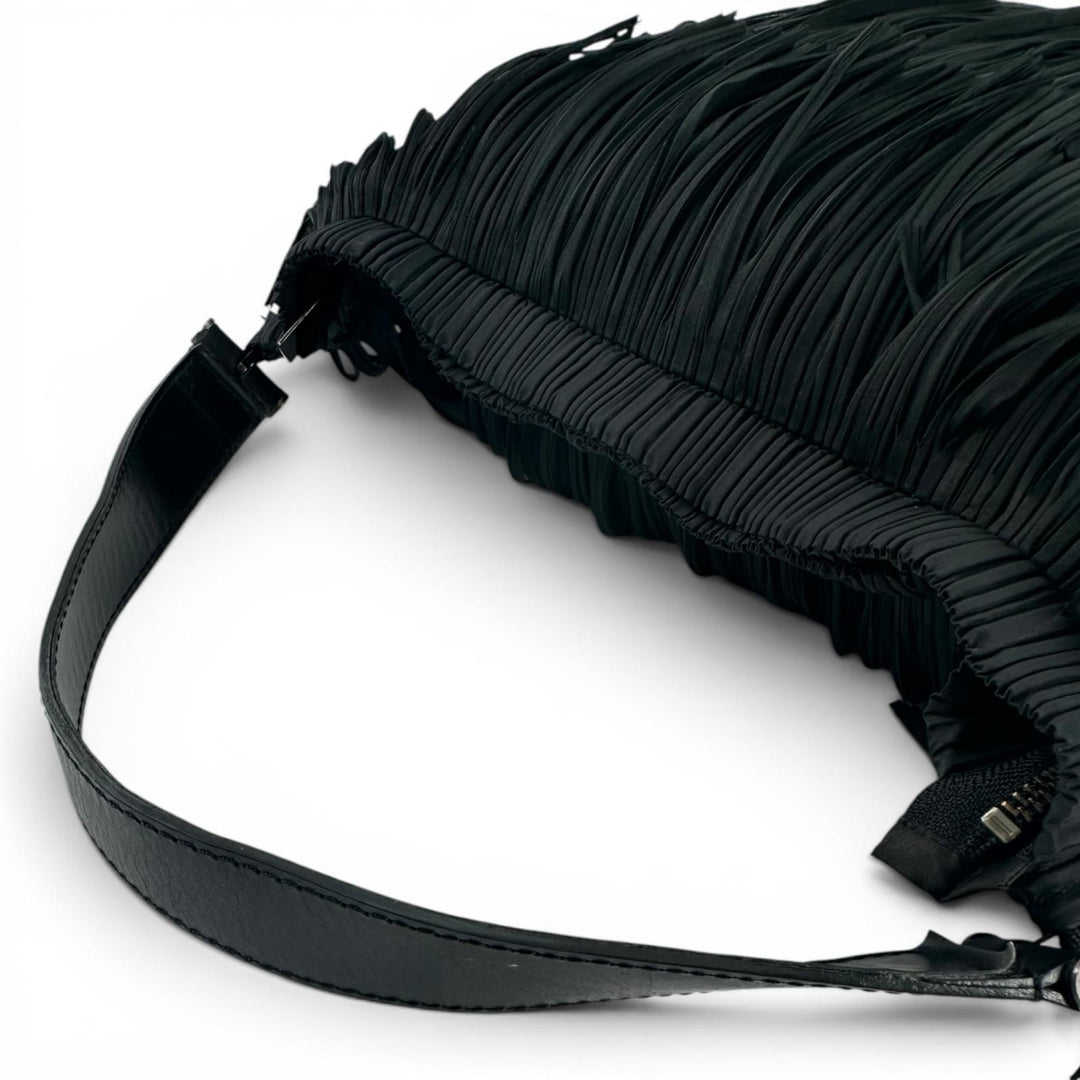 Excellent PLEATS PLEASE Tote Bag Leather accents and fringe black polyester