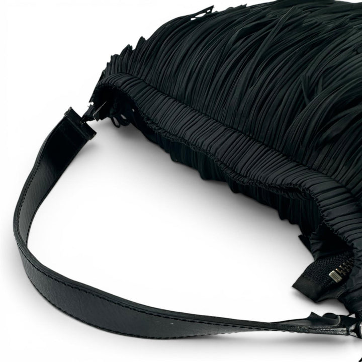 Excellent PLEATS PLEASE Tote Bag Leather accents and fringe black polyester
