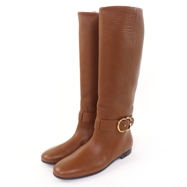Excellent GUCCI Knee-high boots GGMetal Leather Brown leather Women 36 270205