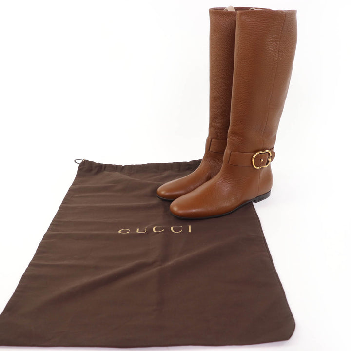 Excellent GUCCI Knee-high boots GGMetal Leather Brown leather Women 36 270205