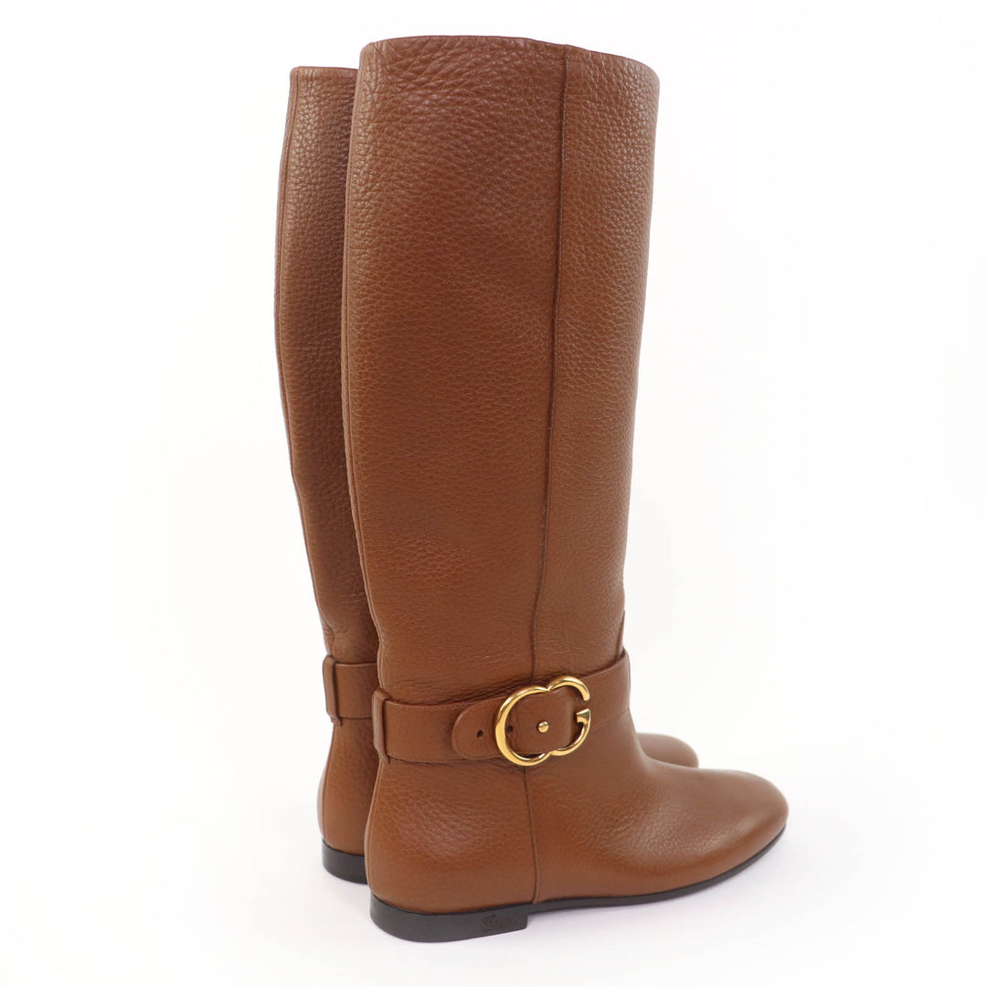 Excellent GUCCI Knee-high boots GGMetal Leather Brown leather Women 36 270205