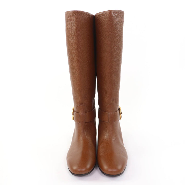 Excellent GUCCI Knee-high boots GGMetal Leather Brown leather Women 36 270205