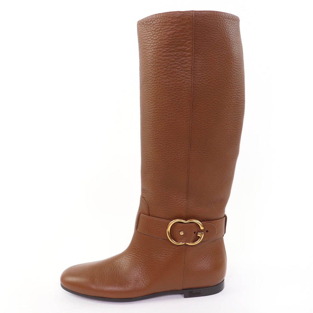 Excellent GUCCI Knee-high boots GGMetal Leather Brown leather Women 36 270205