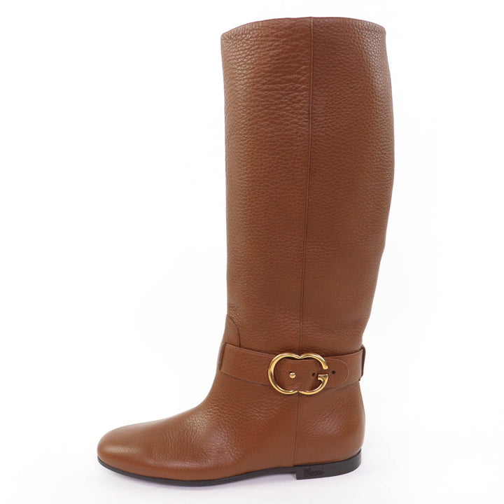 Excellent GUCCI Knee-high boots GGMetal Leather Brown leather Women 36 270205