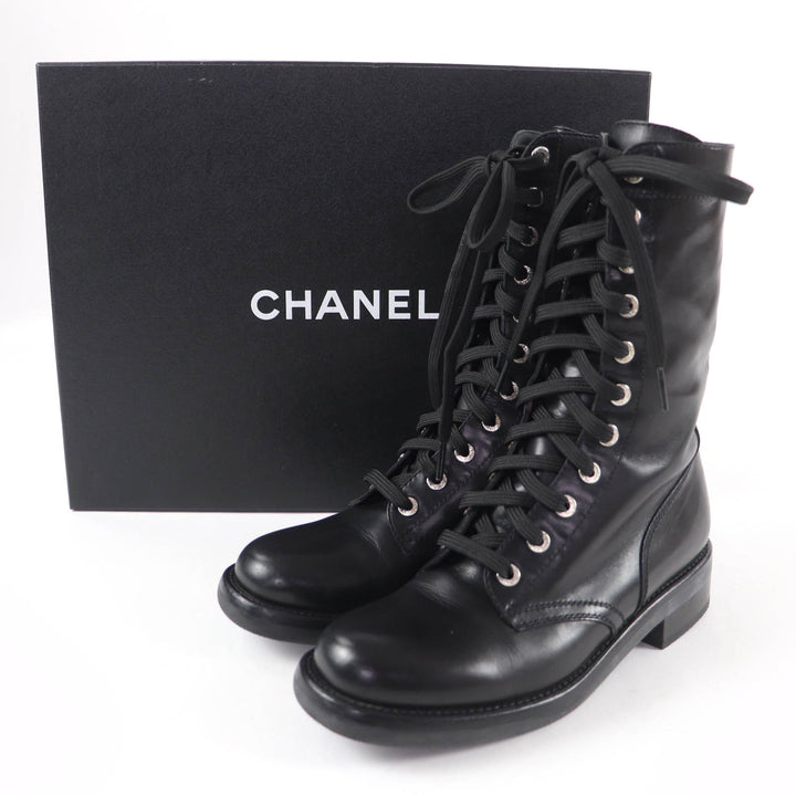 Excellent CHANEL short boots COCO Mark Lace-up Leather black Women 38 G29132