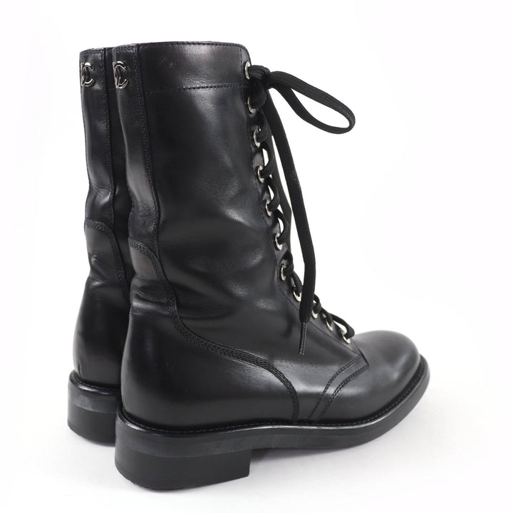 Excellent CHANEL short boots COCO Mark Lace-up Leather black Women 38 G29132