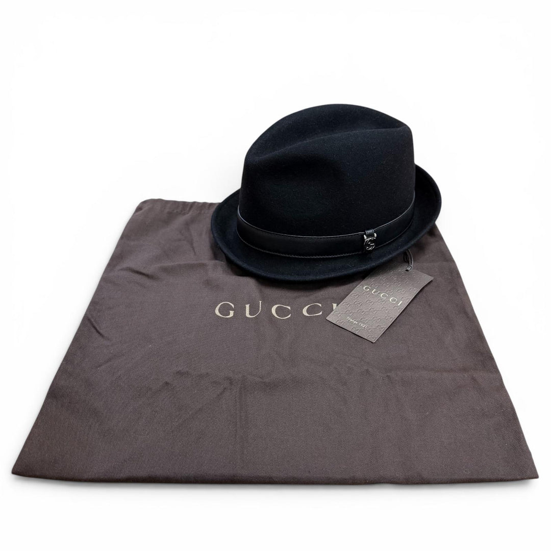 Pristine GUCCI hat Leather felt hat with interlocking GMetal black wool mens XL