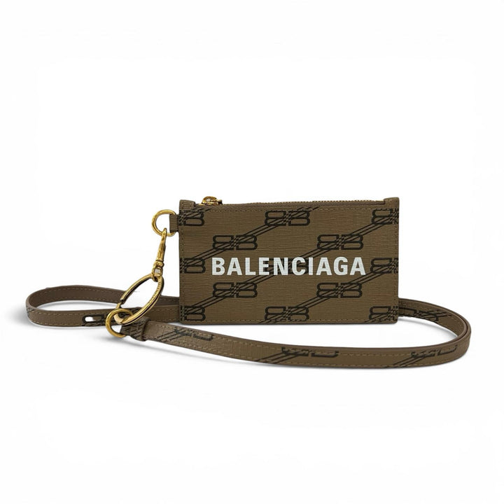 Excellent BALENCIAGA Card Case BB pattern pass case with strap Brown 594548