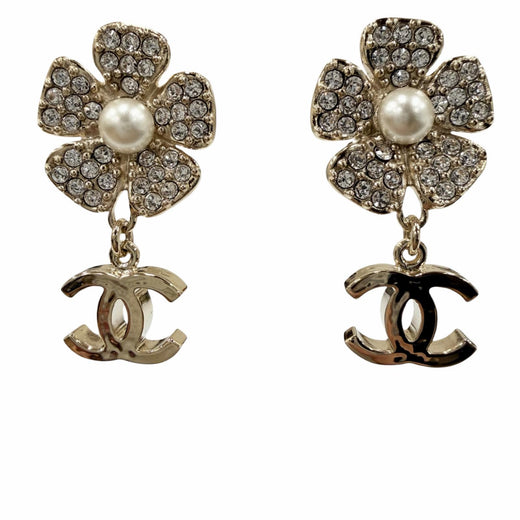 Excellent CHANEL Pierce COCO Mark Pearl Bijou Flower gold Women B23S