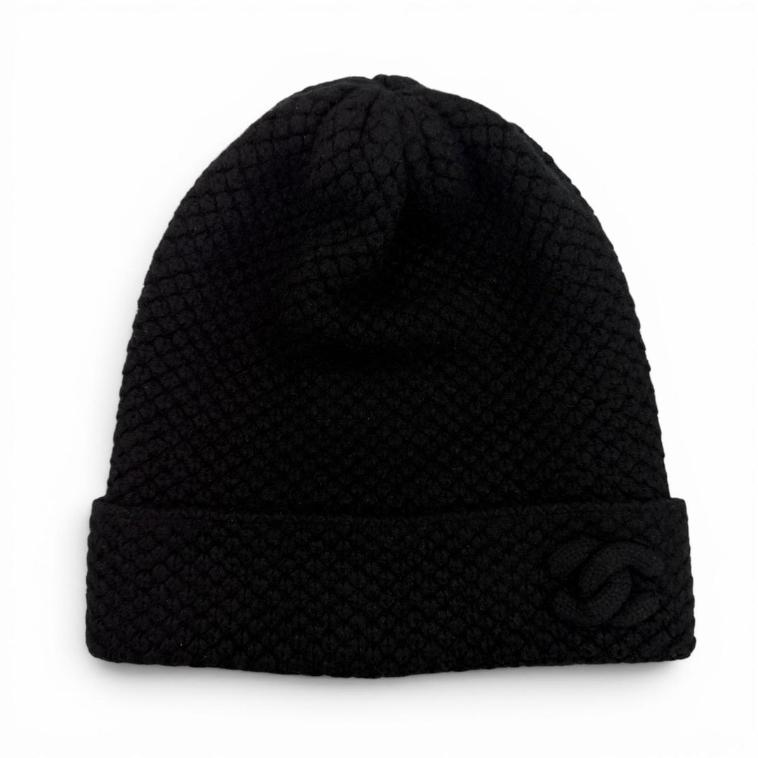 Great CHANEL Knit cap COCO Mark embroidered beanie knit hat black cashmere 15B