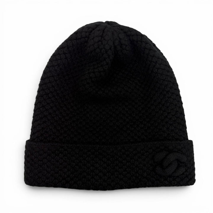 Great CHANEL Knit cap COCO Mark embroidered beanie knit hat black cashmere 15B