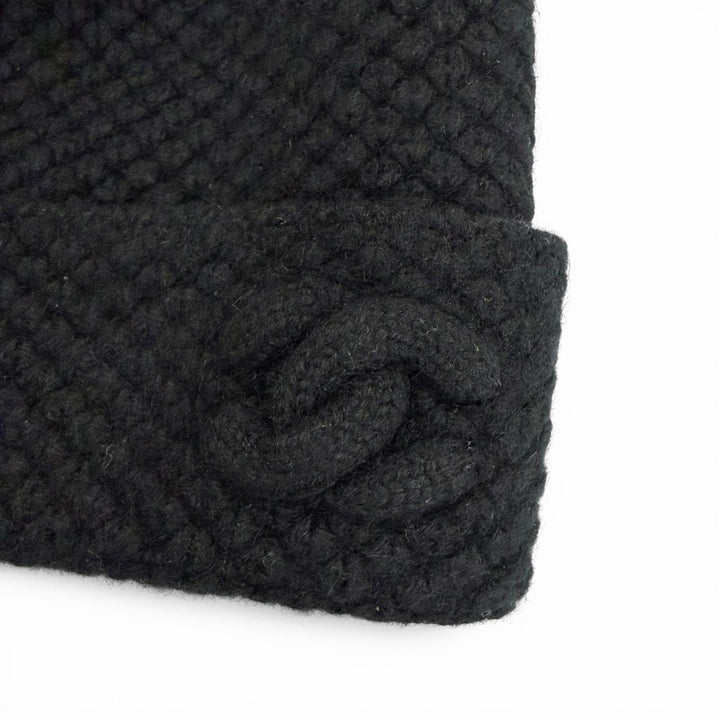 Great CHANEL Knit cap COCO Mark embroidered beanie knit hat black cashmere 15B