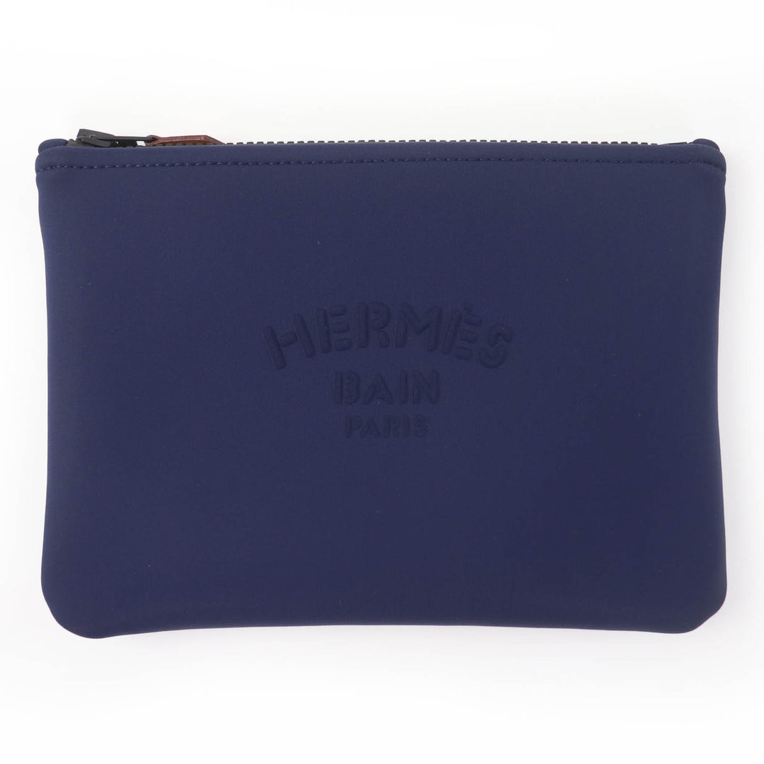Excellent HERMES Pouch Truth Flat PM Neoban Logo-printed ZIP Navy Women