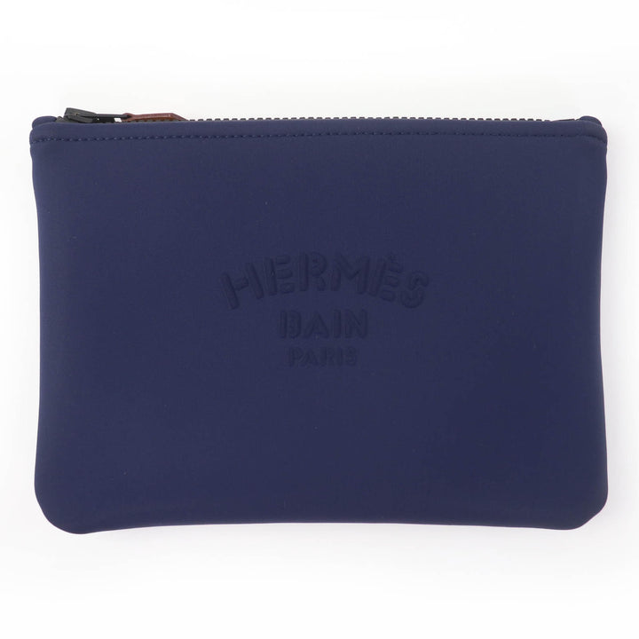 Excellent HERMES Pouch Truth Flat PM Neoban Logo-printed ZIP Navy Women