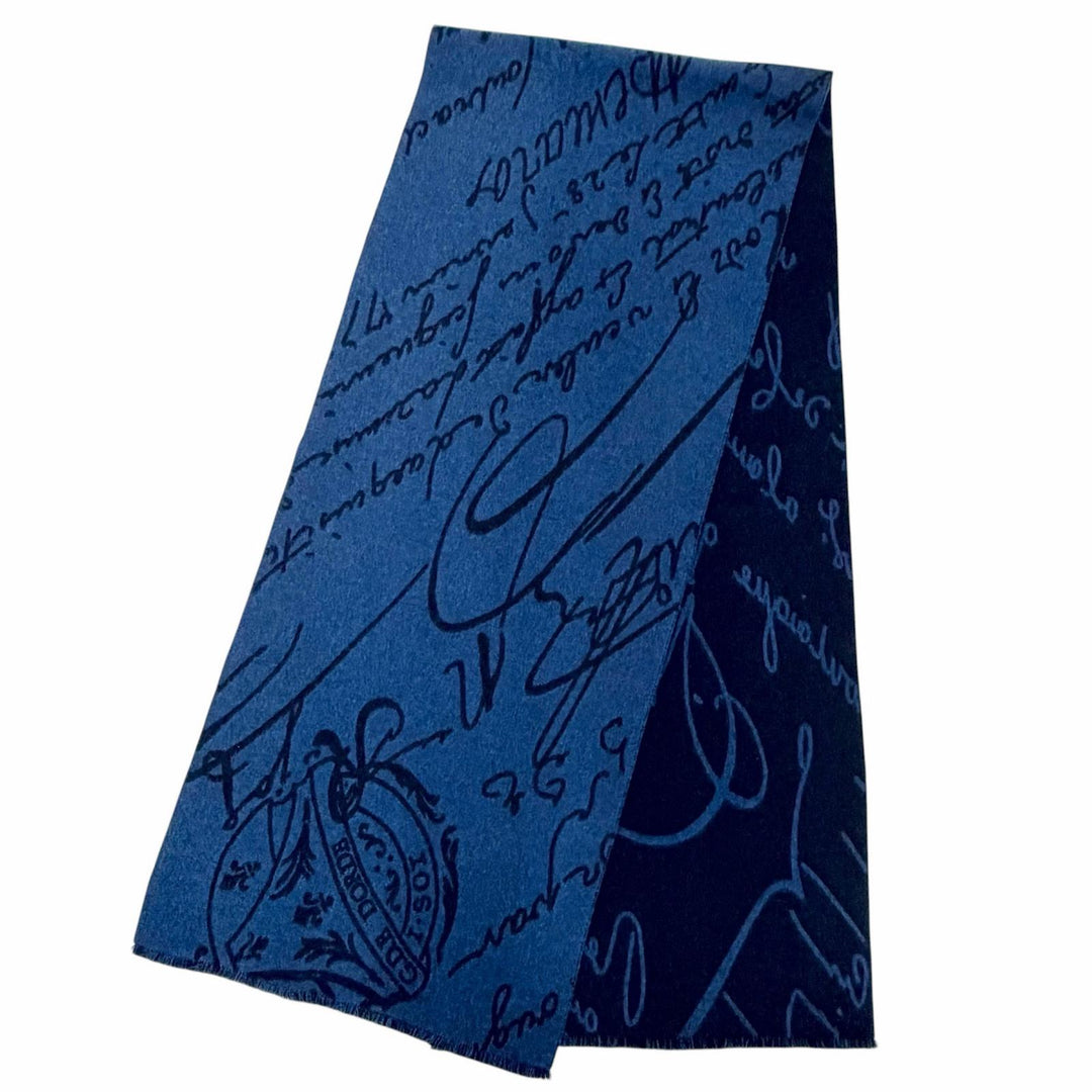 Great BERLUTI Scarf Calligraphy Long Scarf Stole Shawl blue wool mens