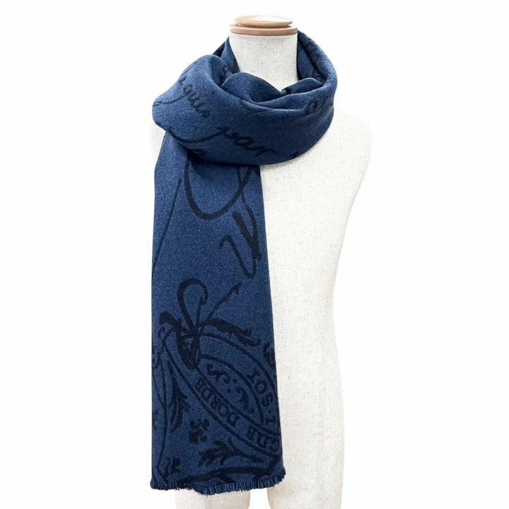 Great BERLUTI Scarf Calligraphy Long Scarf Stole Shawl blue wool mens