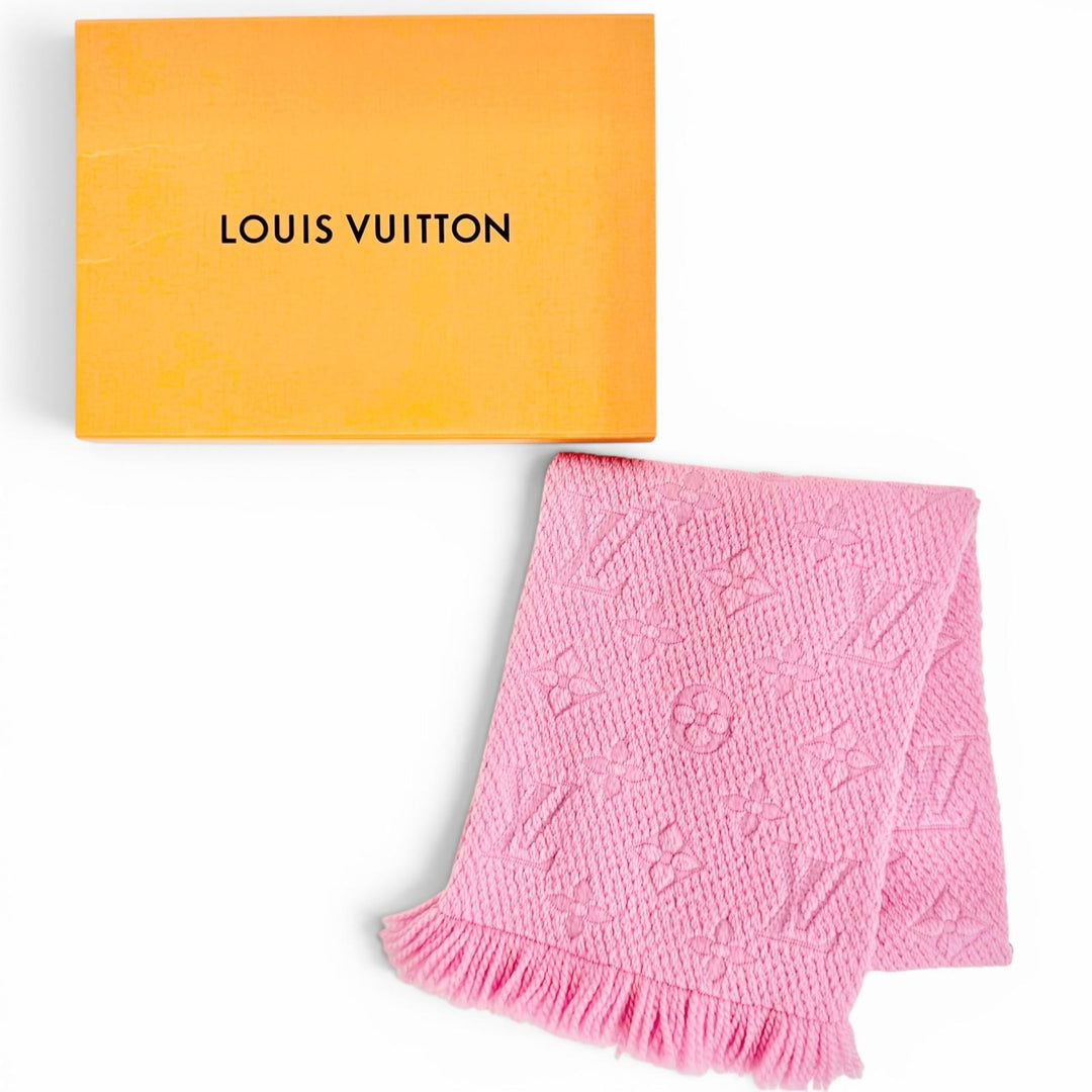 Great LOUIS VUITTON Scarf Escalp Logo Mania Monogram fringe pink wool M73659