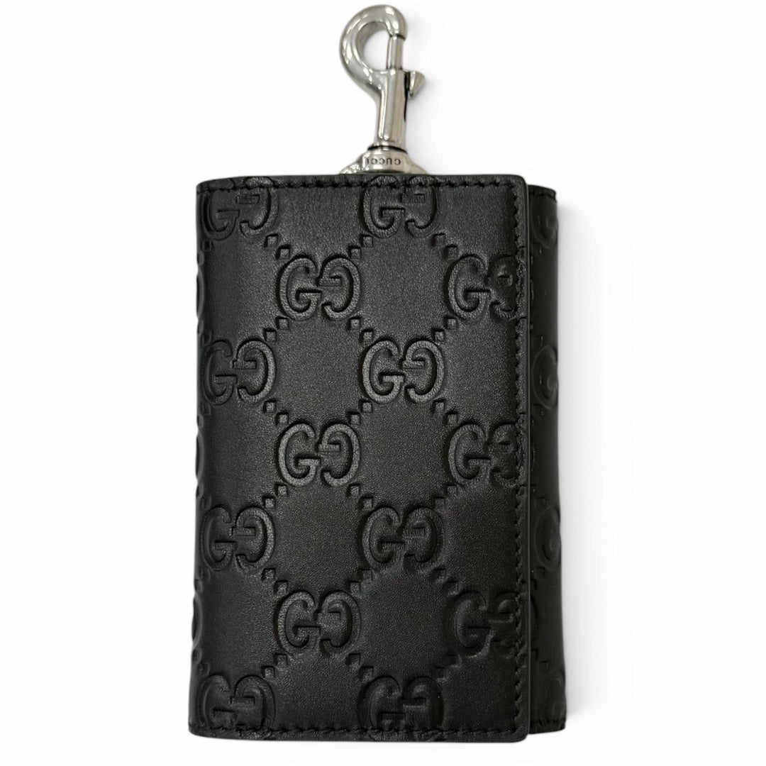 Excellent GUCCI Key holder GG Emblem Tri-fold current model black leather mens