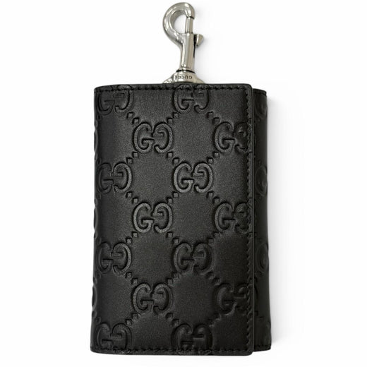 Excellent GUCCI Key holder GG Emblem Tri-fold current model black leather mens