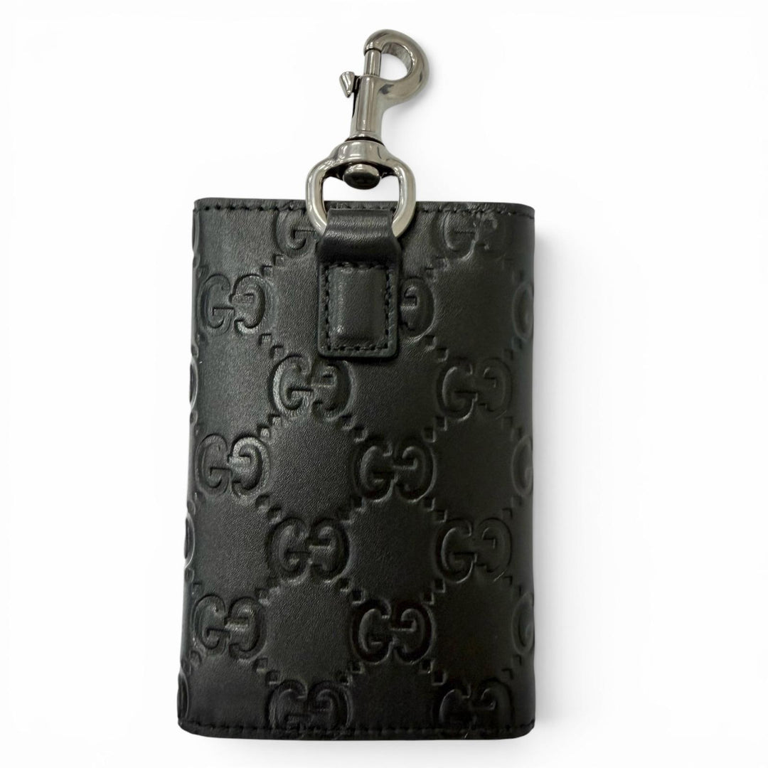 Excellent GUCCI Key holder GG Emblem Tri-fold current model black leather mens