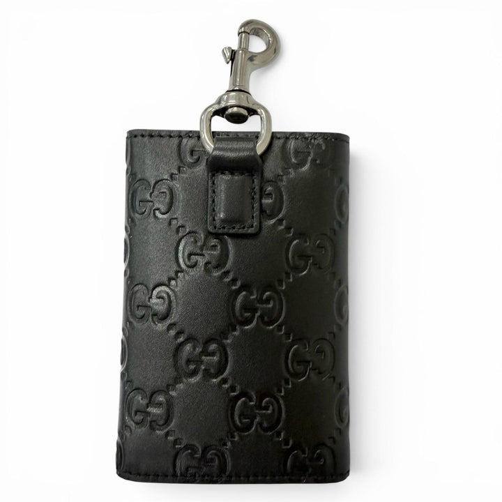 Excellent GUCCI Key holder GG Emblem Tri-fold current model black leather mens