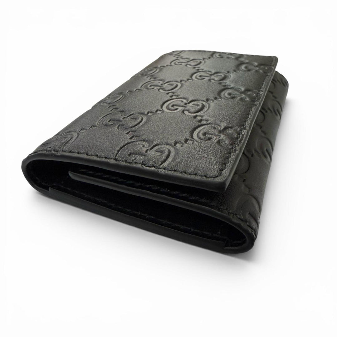 Excellent GUCCI Key holder GG Emblem Tri-fold current model black leather mens