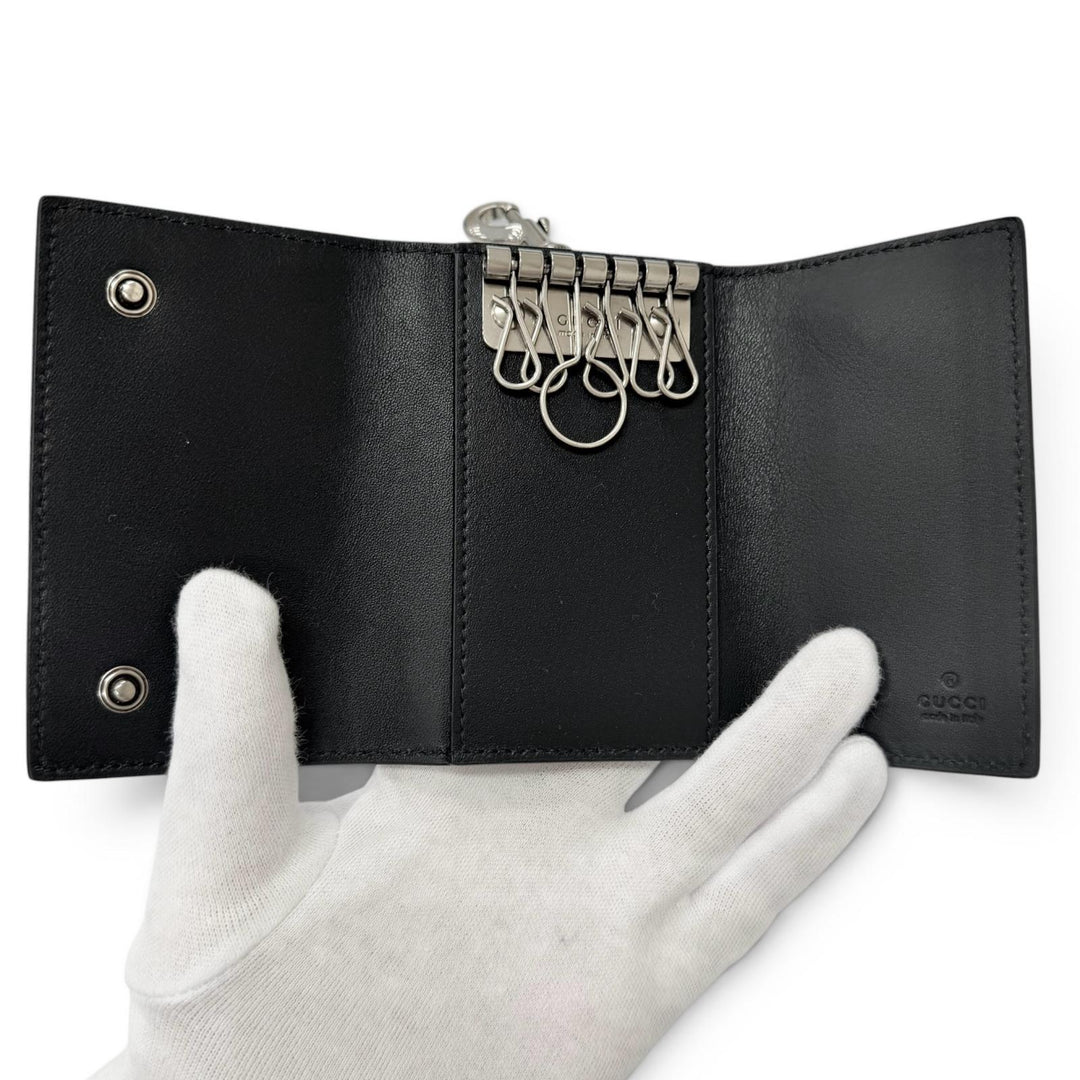 Excellent GUCCI Key holder GG Emblem Tri-fold current model black leather mens