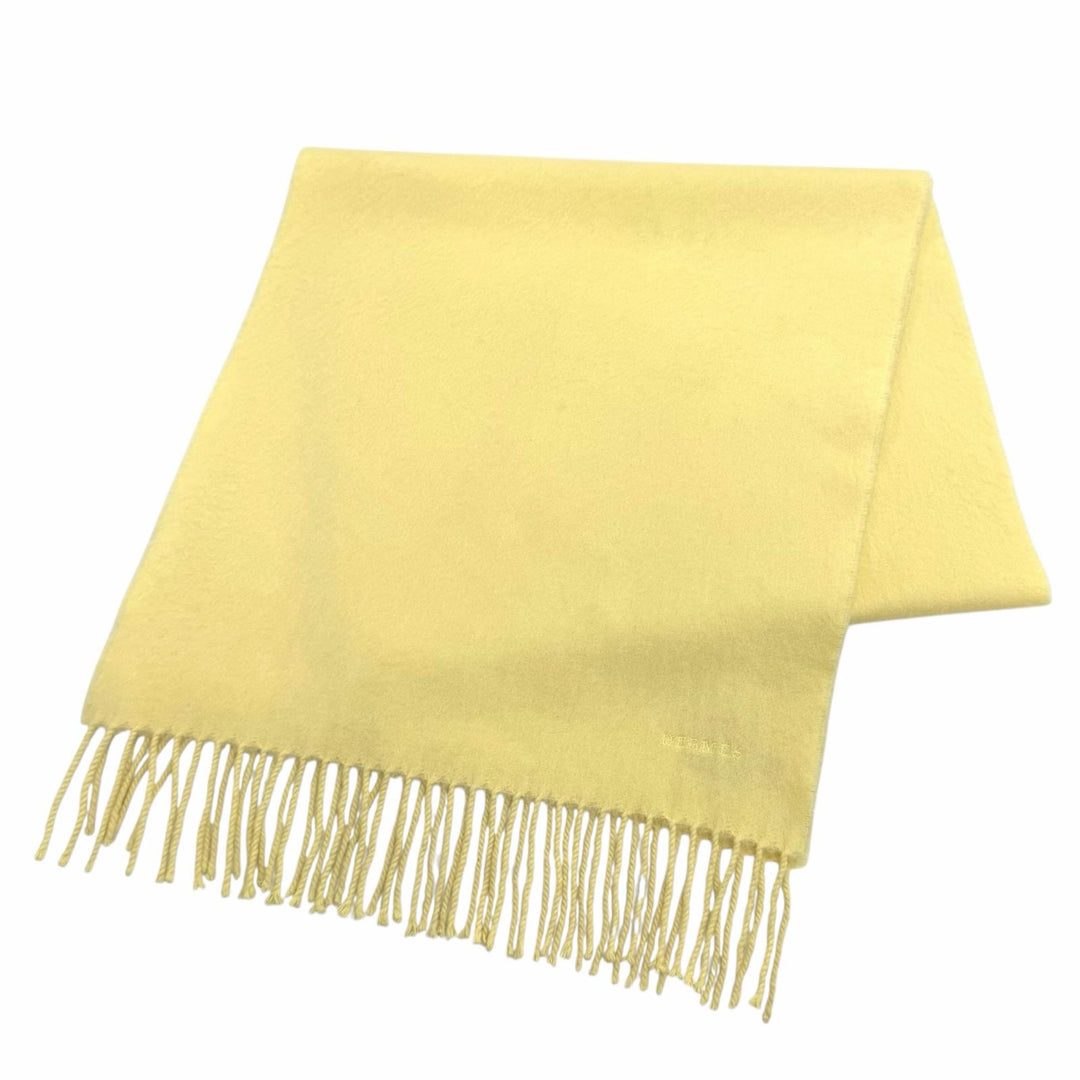 Great HERMES Scarf Logo embroidery fringe yellow cashmere Women