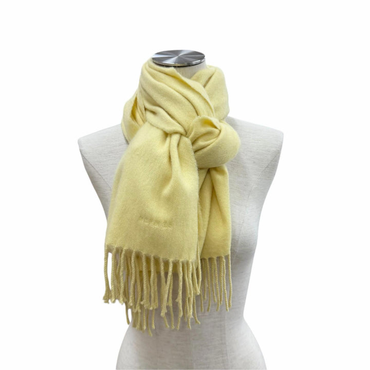 Great HERMES Scarf Logo embroidery fringe yellow cashmere Women