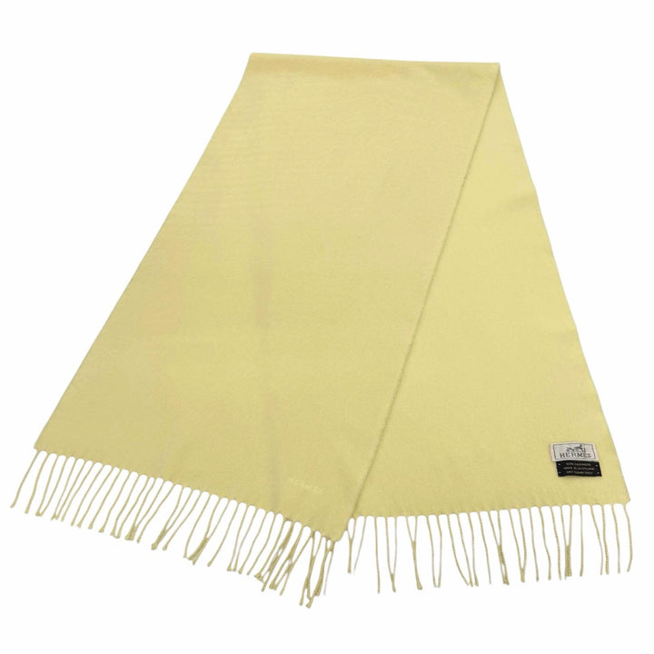 Great HERMES Scarf Logo embroidery fringe yellow cashmere Women