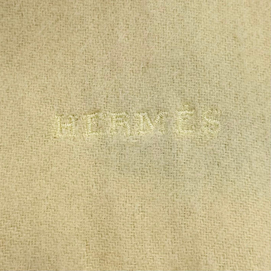 Great HERMES Scarf Logo embroidery fringe yellow cashmere Women