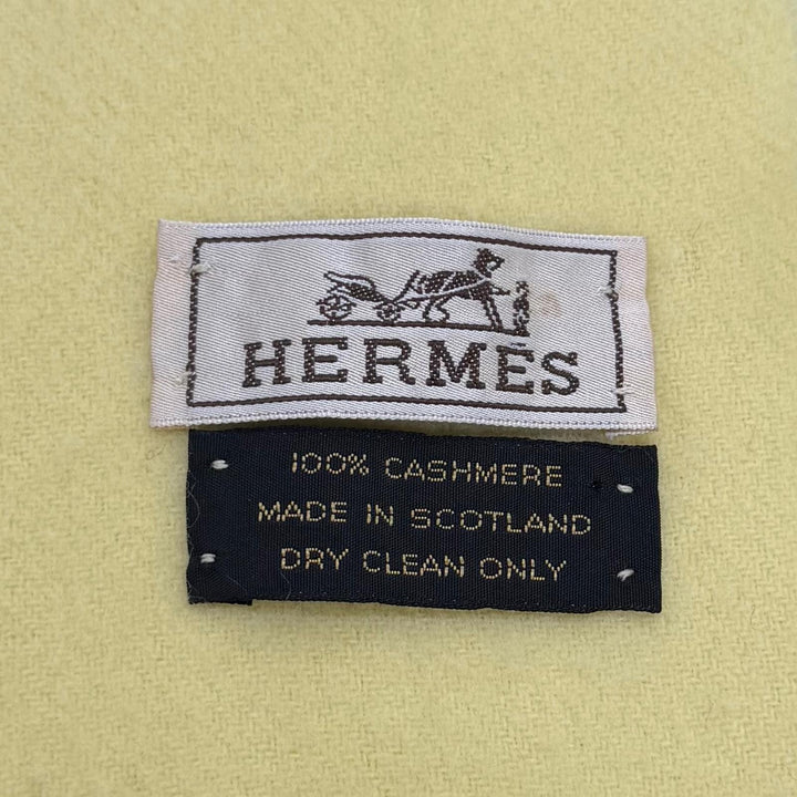Great HERMES Scarf Logo embroidery fringe yellow cashmere Women