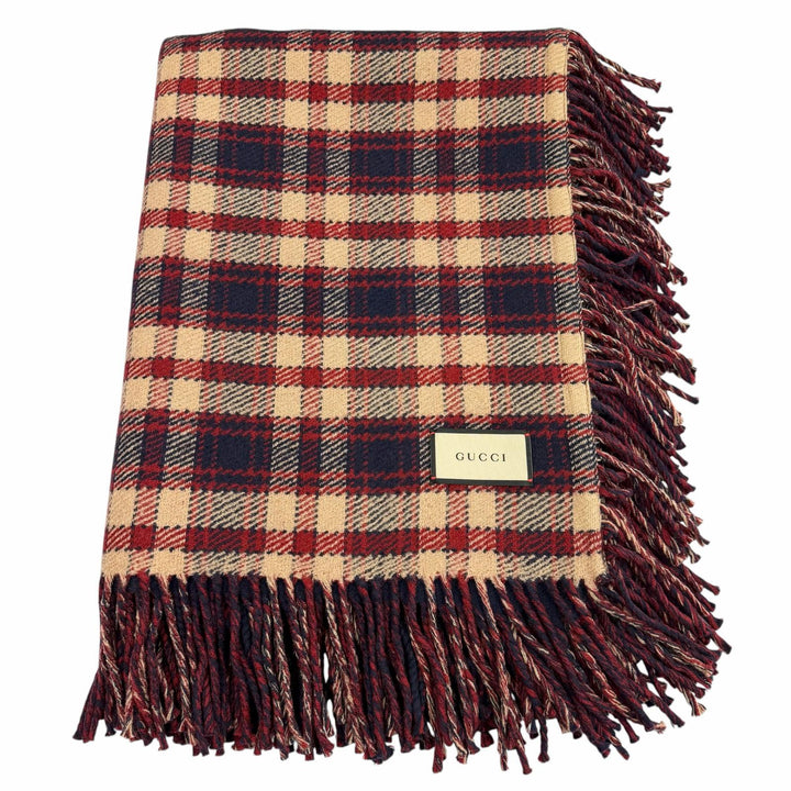 Excellent GUCCI blanket GG Check Pattern Reversible with Fringe Navy wool 649687