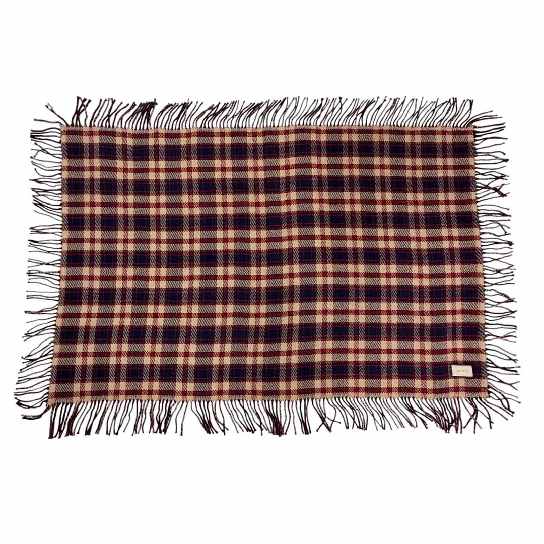 Excellent GUCCI blanket GG Check Pattern Reversible with Fringe Navy wool 649687