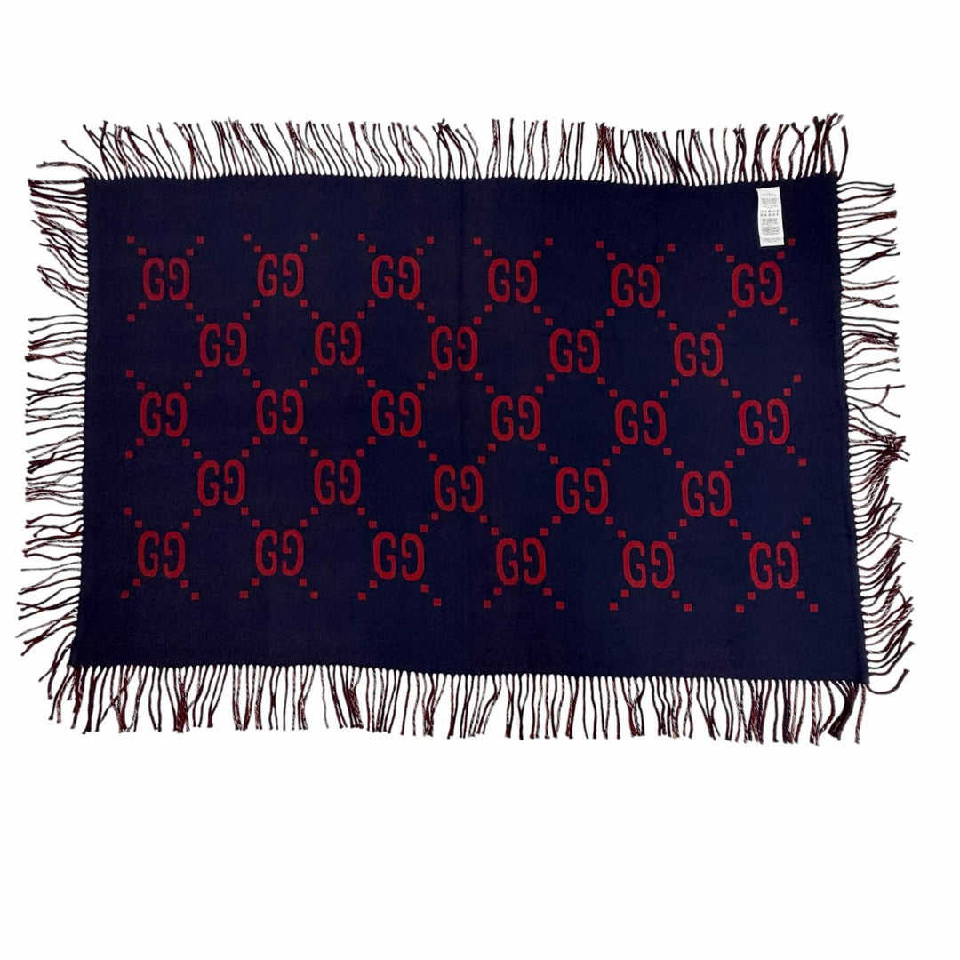Excellent GUCCI blanket GG Check Pattern Reversible with Fringe Navy wool 649687