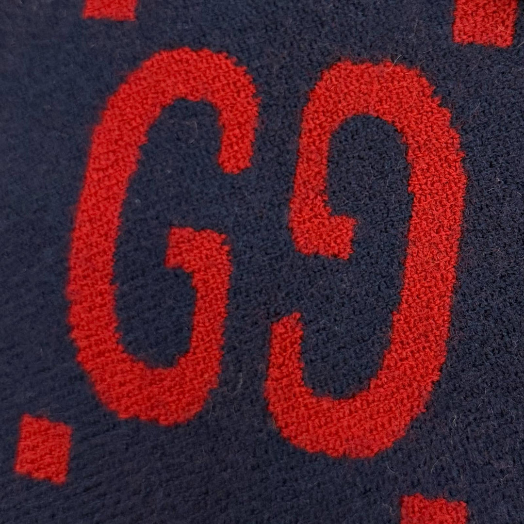 Excellent GUCCI blanket GG Check Pattern Reversible with Fringe Navy wool 649687