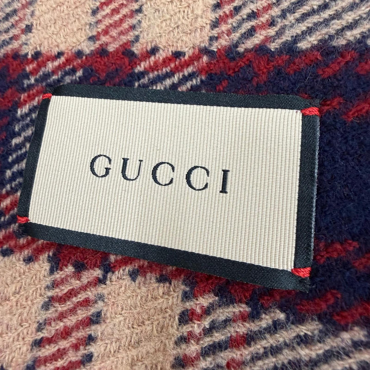 Excellent GUCCI blanket GG Check Pattern Reversible with Fringe Navy wool 649687