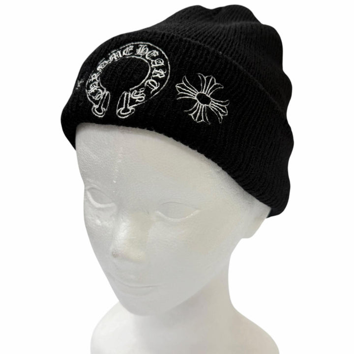 Great CHROME HEARTS Knit cap Horseshoe CH Plus Embroidery Beanie black wool mens